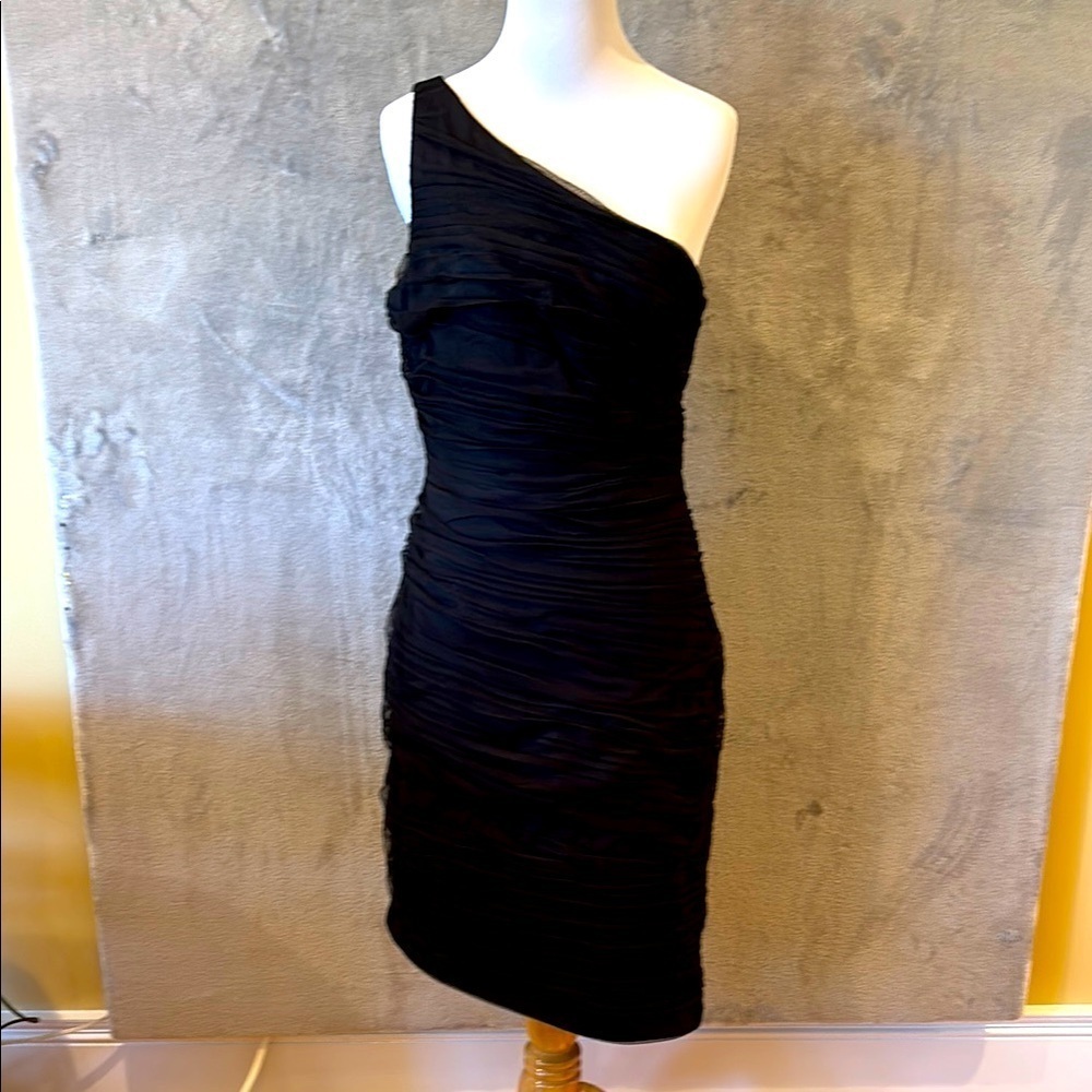DKNY one Shoulder Assymetric Hem Ruched Mesh Dress Sz 6 Cocktail Party